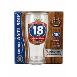 COFFRET ANTI-SOIF VERRE A BIERE + DECAPSULEUR 18 ANS