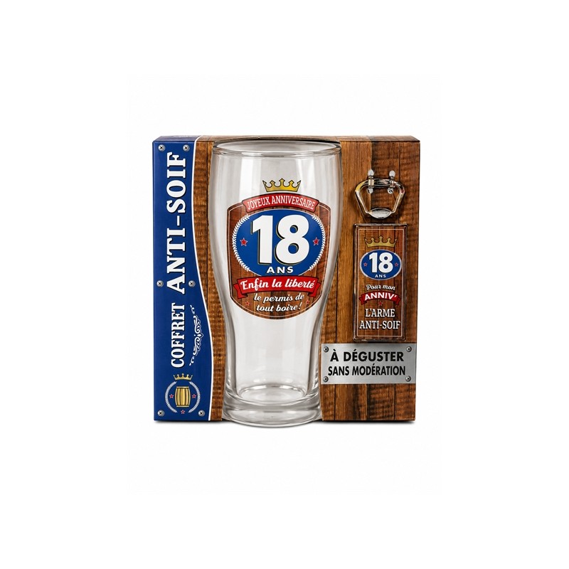 COFFRET ANTI-SOIF VERRE A BIERE + DECAPSULEUR 18 ANS