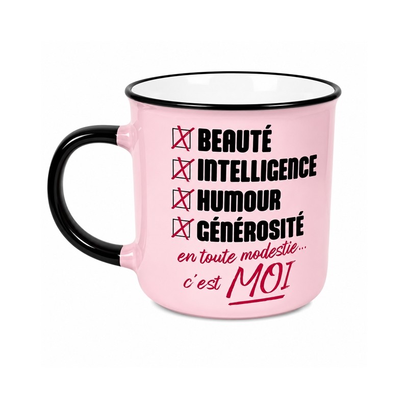 MUG BEAUTE INTELLIGENCE HUMOUR GENEROSITE EN TOUTE MODESTIE C'EST MOI