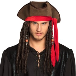 CHAPEAU PIRATE TISSU MARRON BANDEAU ROUGE JACK AVEC CHEVEUX DREADS ET PERLES