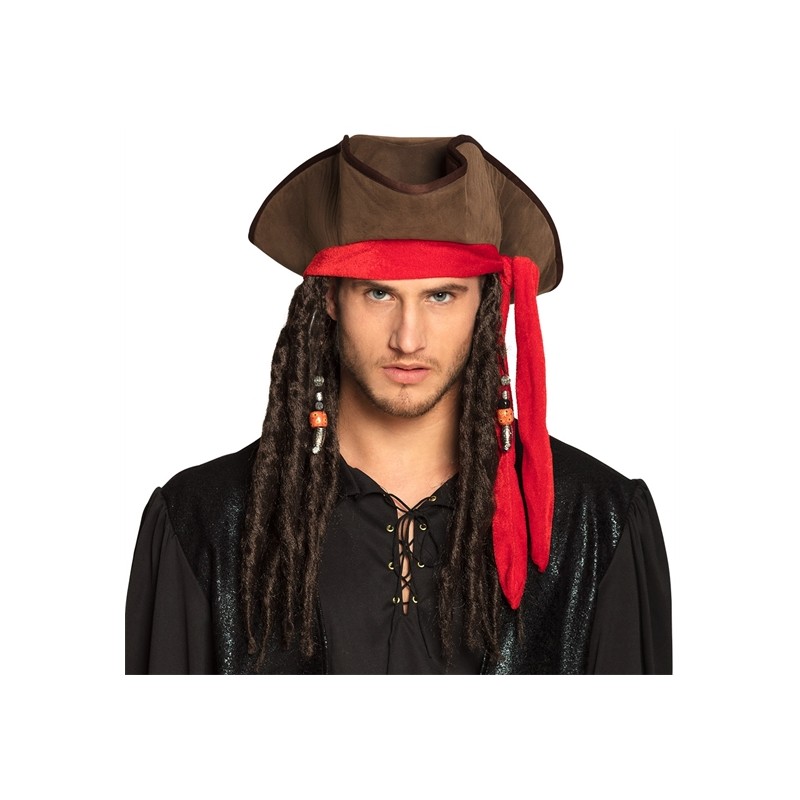 CHAPEAU PIRATE TISSU MARRON BANDEAU ROUGE JACK AVEC CHEVEUX DREADS ET PERLES