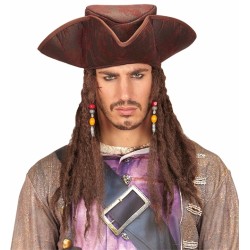 CHAPEAU TRICORNE PIRATE DES CARAIBESMARRON EN TISSU AVEC DREADS ET PERLES