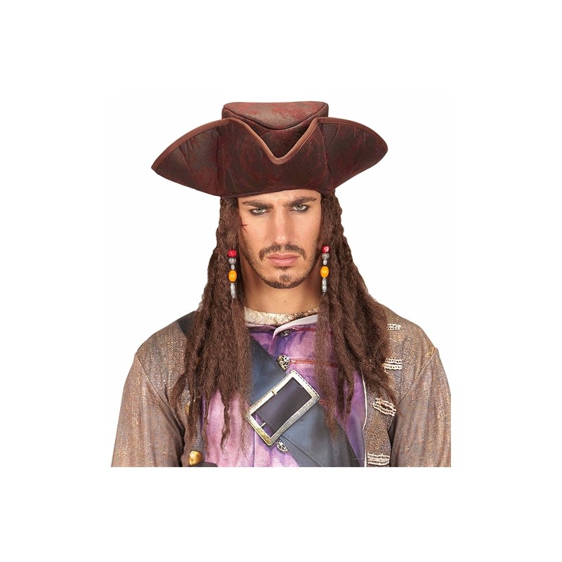 CHAPEAU TRICORNE PIRATE DES CARAIBESMARRON EN TISSU AVEC DREADS ET PERLES