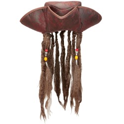 CHAPEAU TRICORNE PIRATE DES CARAIBESMARRON EN TISSU AVEC DREADS ET PERLES