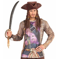 CHAPEAU TRICORNE PIRATE DES CARAIBESMARRON EN TISSU AVEC DREADS ET PERLES