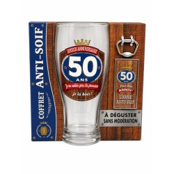 COFFRET ANTI-SOIF VERRE A BIERE + DECAPSULEUR 50 ANS