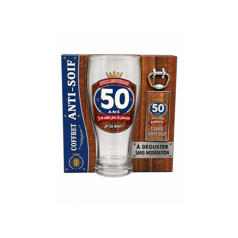 COFFRET ANTI-SOIF VERRE A BIERE + DECAPSULEUR 50 ANS