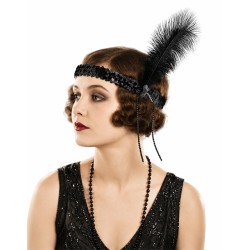 BANDEAU OU TOUR DE TETE CHARLESTON NOIR PLUME NOIRE ET PERLES NOIRES ET BLANCHES
