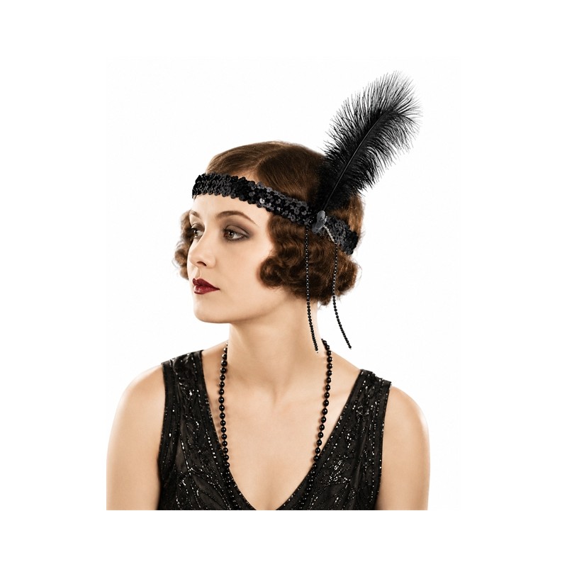 BANDEAU OU TOUR DE TETE CHARLESTON NOIR PLUME NOIRE ET PERLES NOIRES ET BLANCHES