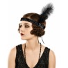 BANDEAU OU TOUR DE TETE CHARLESTON NOIR PLUME NOIRE ET PERLES NOIRES ET BLANCHES