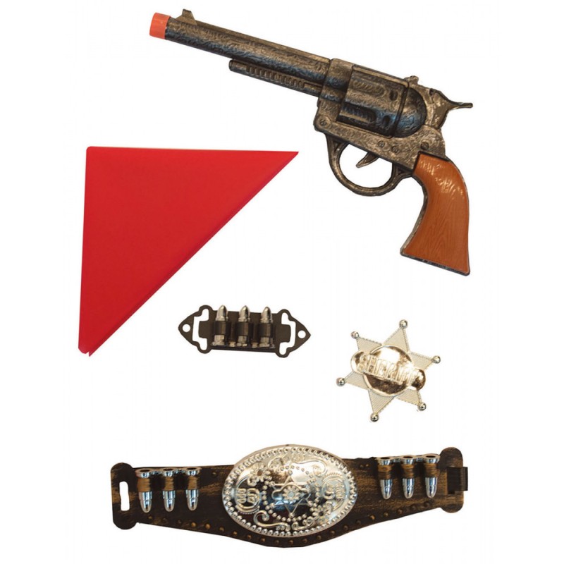 SET COW BOY 5 PIECES PISTOLET BANDANA ROUGE ETOILE SHERIF CEINTURE BALLES