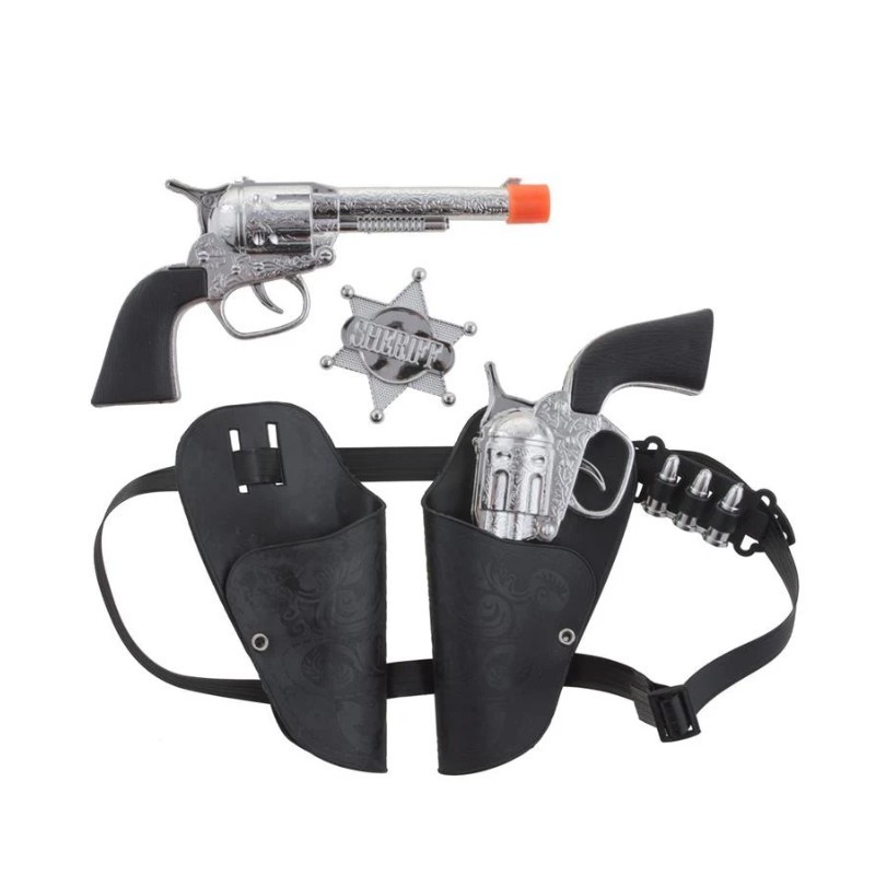 SET COW BOY 5 PIECES 2 PISTOLETS+ HOLSTERS NOIRS BALLES ETOILE DE SHERIFF