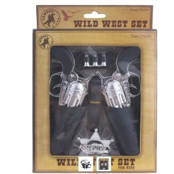 SET COW BOY 5 PIECES 2 PISTOLETS+ HOLSTERS NOIRS BALLES ETOILE DE SHERIFF