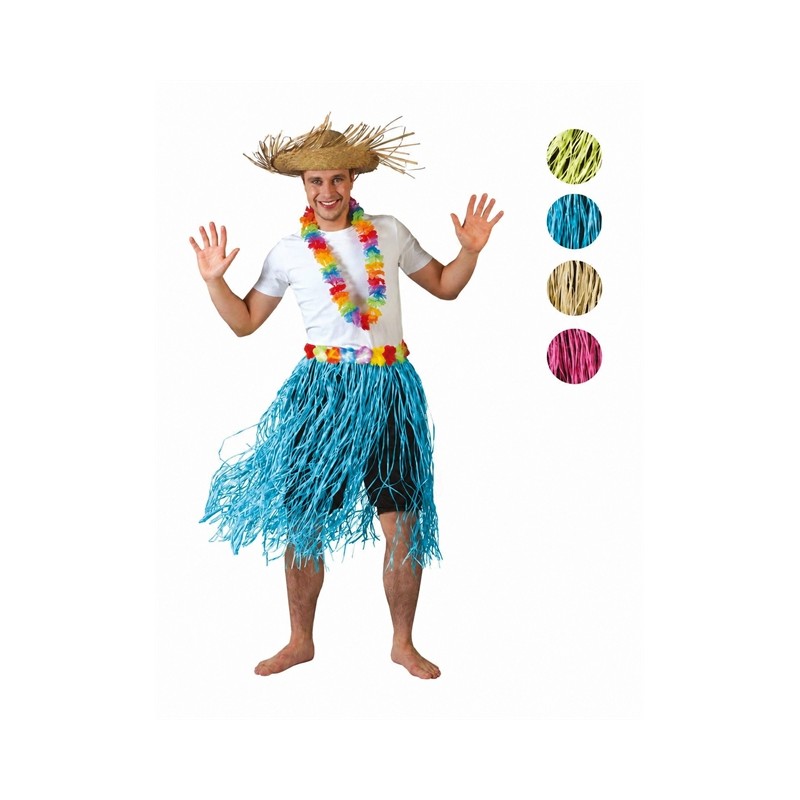 JUPE HAWAIENNE CEINTURE FLEURS 82 CM RAPHIA BLEU