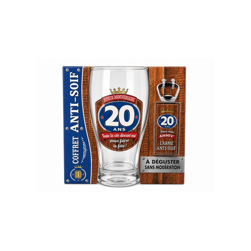 COFFRET ANTI-SOIF VERRE A BIERE + DECAPSULEUR 20 ANS