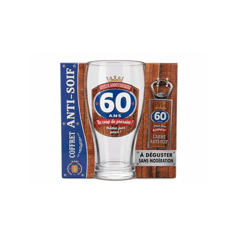 COFFRET ANTI-SOIF VERRE A BIERE + DECAPSULEUR 60 ANS