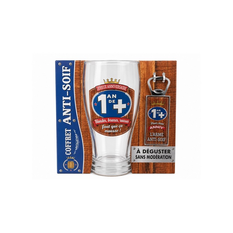 COFFRET ANTI-SOIF VERRE A BIERE + DECAPSULEUR 1 AN DE +
