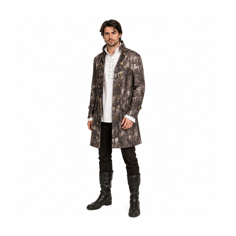 DEGUISEMENT VESTE LONGUE DE PIRATE MARRON + CHEMISE BLANCHE A LACET TAILLE S-M