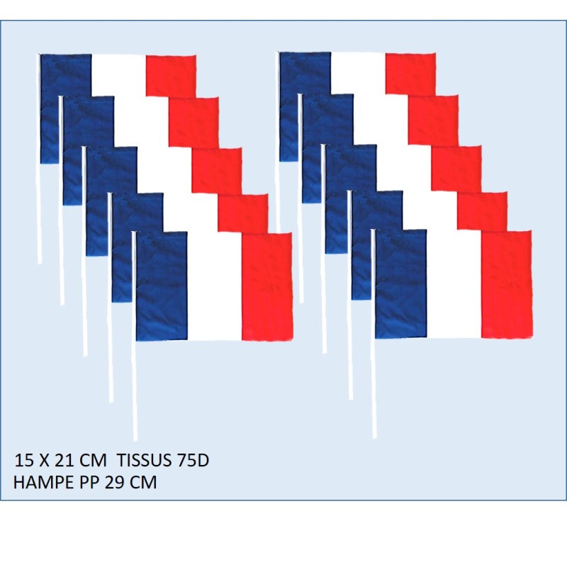 10 DRAPEAUX FRANCE EN TISSU POLYESTER 15 X 21 CM HAMPE 29 CM