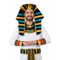 CHAPEAU EGYPTIEN , COIFFE DE PHARAON EN TISSU NOIR OR ET BLEU