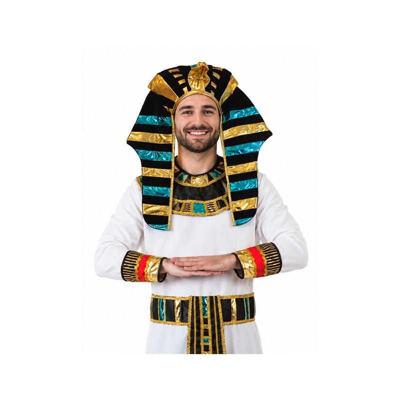 CHAPEAU EGYPTIEN , COIFFE DE PHARAON  EN TISSU NOIR OR ET BLEU