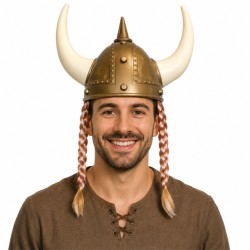 CASQUE VIKING ADULTE LONGUES CORNES + NATTES BLONDES
