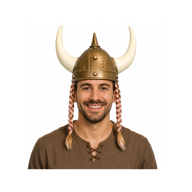 CASQUE VIKING ADULTE LONGUES CORNES + NATTES BLONDES