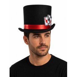 CHAPEAU HAUT DE FORME SATIN NOIR JEU DE CARTES POKER BRODE 