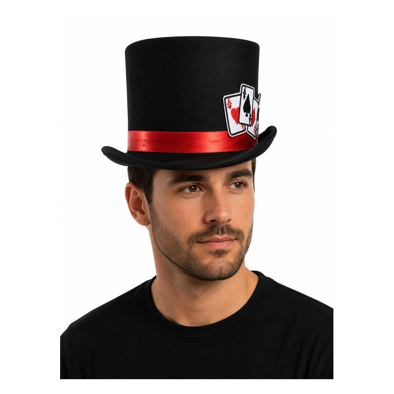 CHAPEAU HAUT DE FORME SATIN NOIR JEU DE CARTES POKER BRODE 
