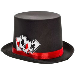 CHAPEAU HAUT DE FORME SATIN NOIR JEU DE CARTES POKER BRODE 