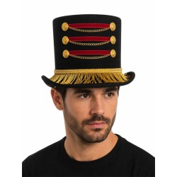 CHAPEAU HAUT DE FORME NOIR DECO ROUGE ET OR MONSIEUR LOYAL DIRECTEUR DE CIRQUE