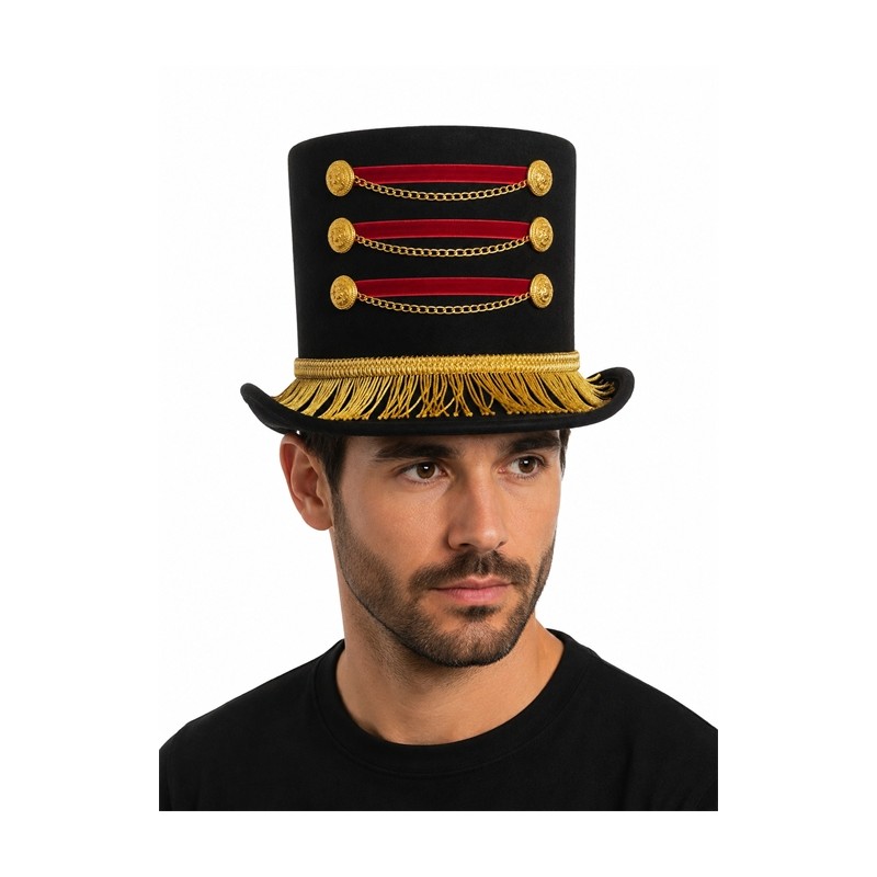 CHAPEAU HAUT DE FORME NOIR DECO ROUGE ET OR MONSIEUR LOYAL DIRECTEUR DE CIRQUE