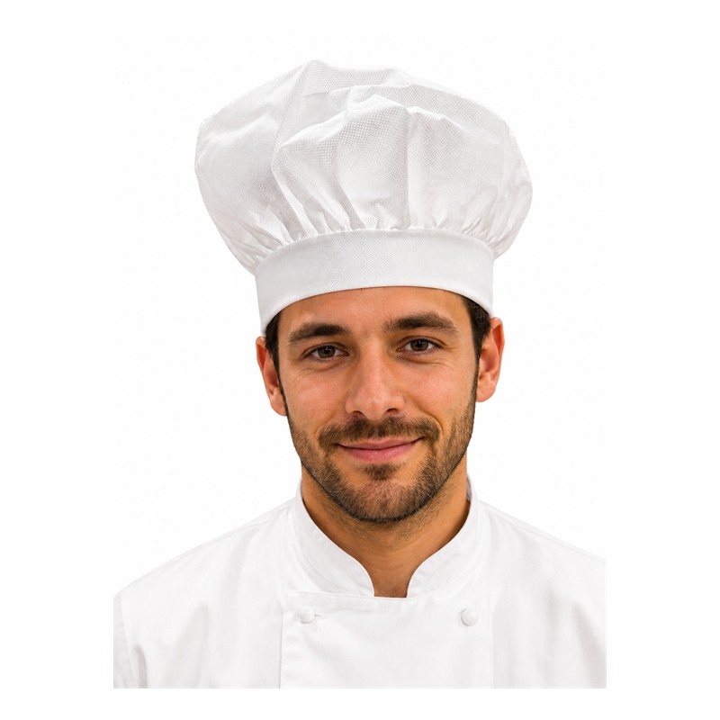 TOQUE DE CHEF CUISINIER BLANCHE EN POLYESTER TOUR DE TETE ELASTIQUE