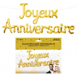 BALLON METALLIQUE JOYEUX ANNIVERSAIRE ECRITURE CURSIVE OR 4.50M X 39 CM