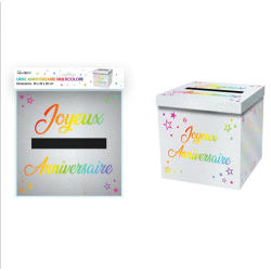 URNE BLANCHE ECRITURE JOYEUX ANNIVERSAIRE MULTICOLORE 20 X 20 X 20 CM 