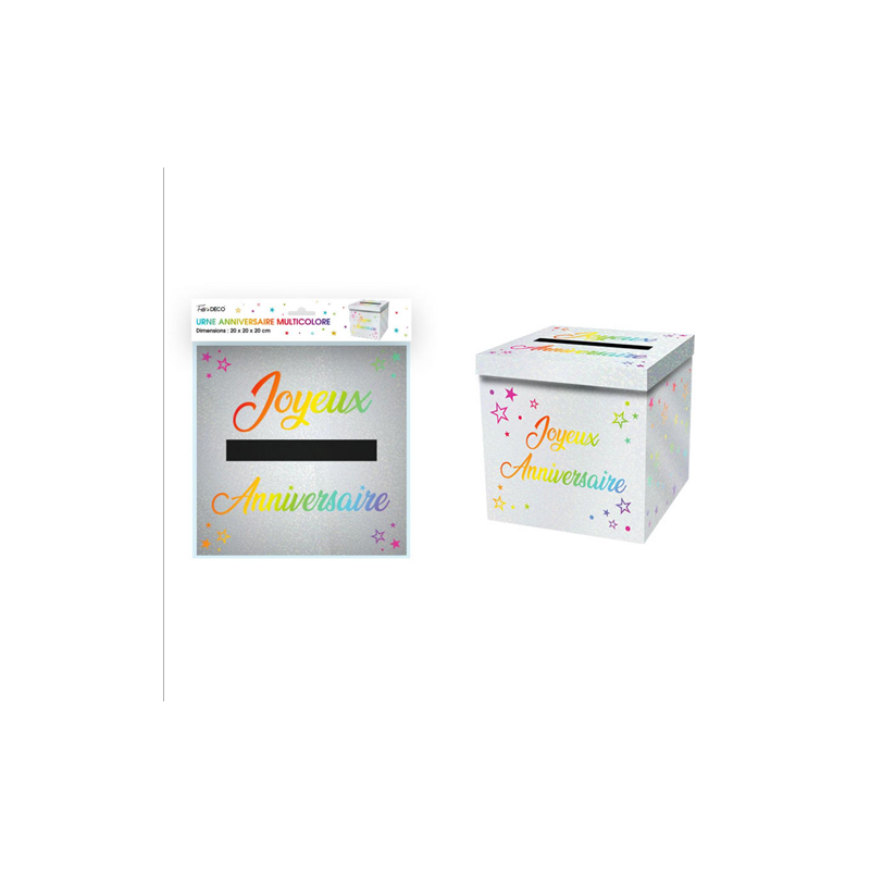 URNE BLANCHE ECRITURE JOYEUX ANNIVERSAIRE MULTICOLORE 20 X 20 X 20 CM 