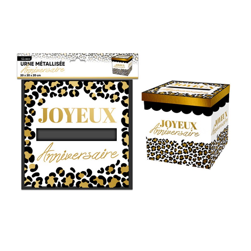 URNE LEOPARD ECRITURE JOYEUX ANNIVERSAIRE OR 20 X 20 X 20 CM 