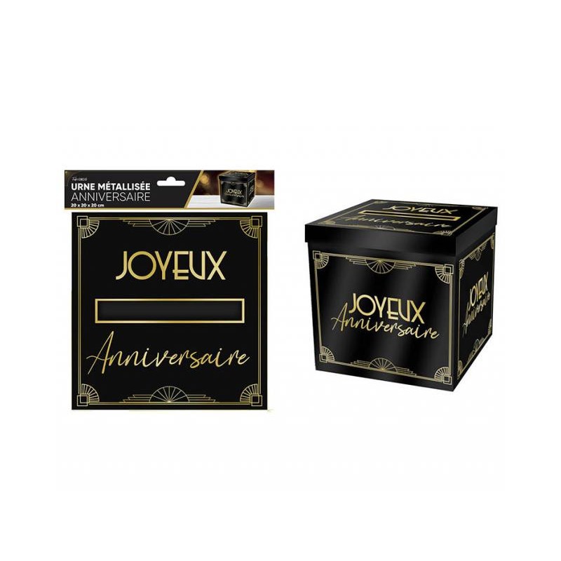 URNE ART DECO NOIRE ECRITURE JOYEUX ANNIVERSAIRE OR 20 X 20 X 20 CM 