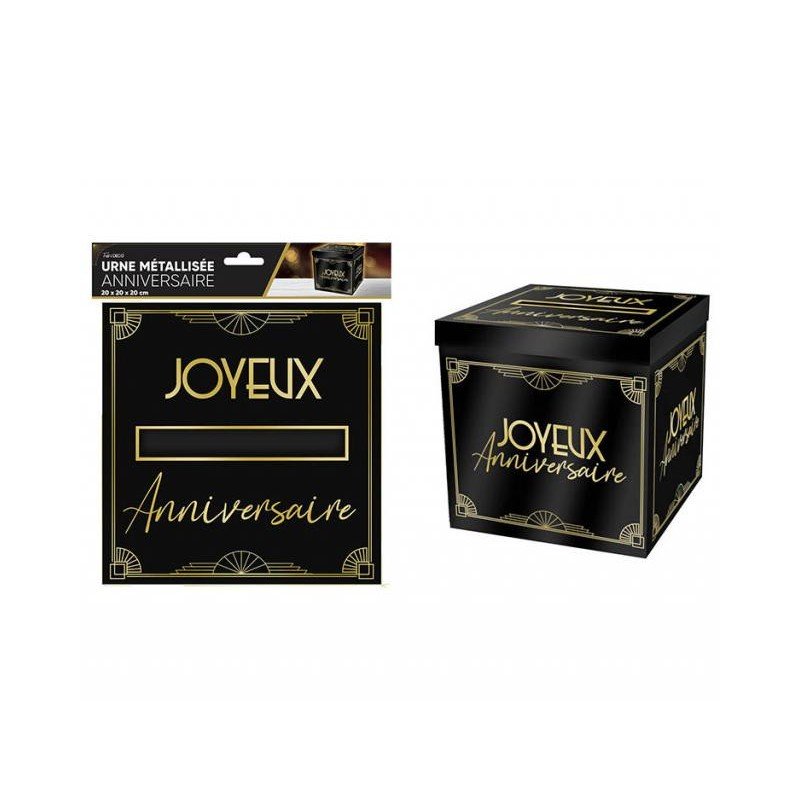 URNE ART DECO NOIRE ECRITURE JOYEUX ANNIVERSAIRE OR 20 X 20 X 20 CM 