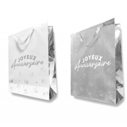SAC CADEAU BLANC ET ARGENT JOYEUX ANNIVERSAIRE 30 X 40 X 12 CM