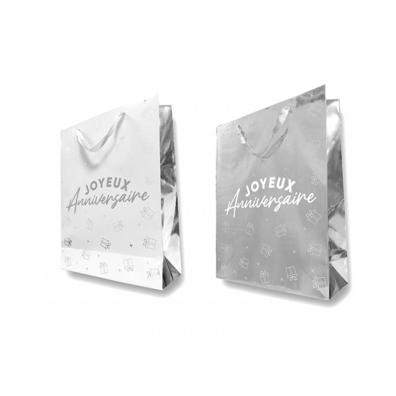 SAC CADEAU BLANC ET ARGENT JOYEUX ANNIVERSAIRE 30 X 40 X 12 CM