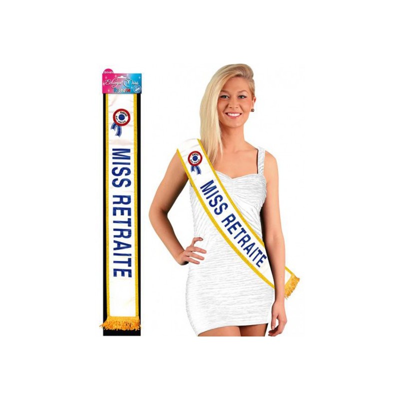 ECHARPE BLANCHE AVEC GALONS MISS RETRAITE ECRITURE BLEUE
