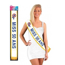 ECHARPE BLANCHE AVEC GALONS OR MISS 50 ANS ECRITURE BLEUE
