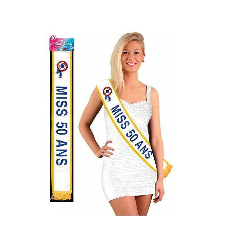 ECHARPE BLANCHE AVEC GALONS OR MISS 50 ANS ECRITURE BLEUE