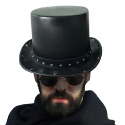 CHAPEAU HAUT DE FORME CUIR NOIR RIVETS ARGENT TOUT AUTOUR