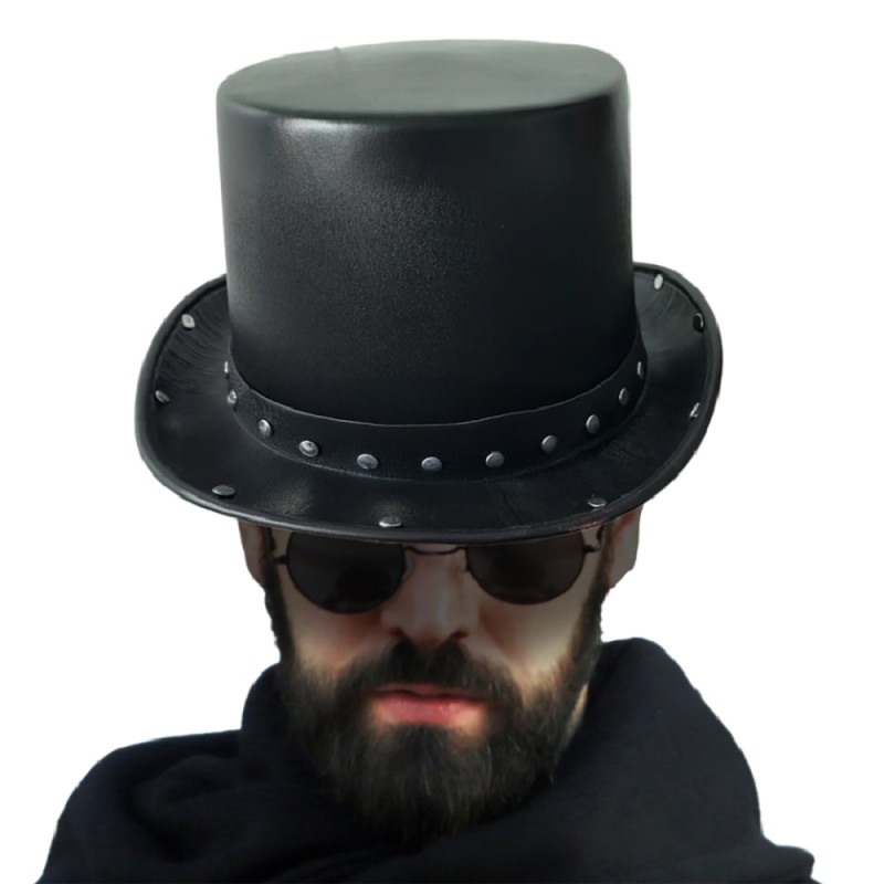 CHAPEAU HAUT DE FORME CUIR NOIR RIVETS ARGENT TOUT AUTOUR