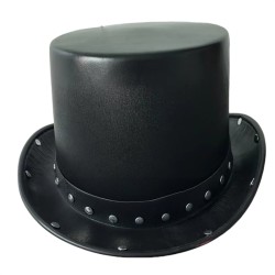 CHAPEAU HAUT DE FORME CUIR NOIR RIVETS ARGENT TOUT AUTOUR