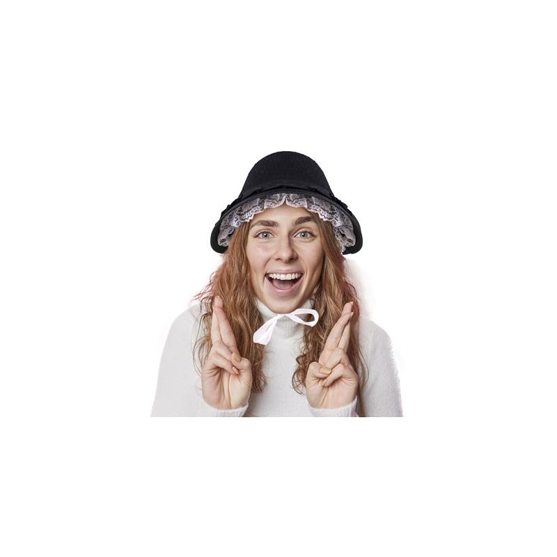 CHAPEAU FEMME VICTORIENNE OU NURSE NOIR AVEC DENTELLE BLANCHE
