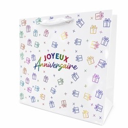 SAC CADEAU BLANC IMPRIME MULTICOLORE JOYEUX ANNIVERSAIRE 30 X 25 X 12 CM