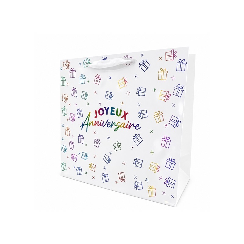 SAC CADEAU BLANC IMPRIME MULTICOLORE JOYEUX ANNIVERSAIRE 30 X 25 X 12 CM